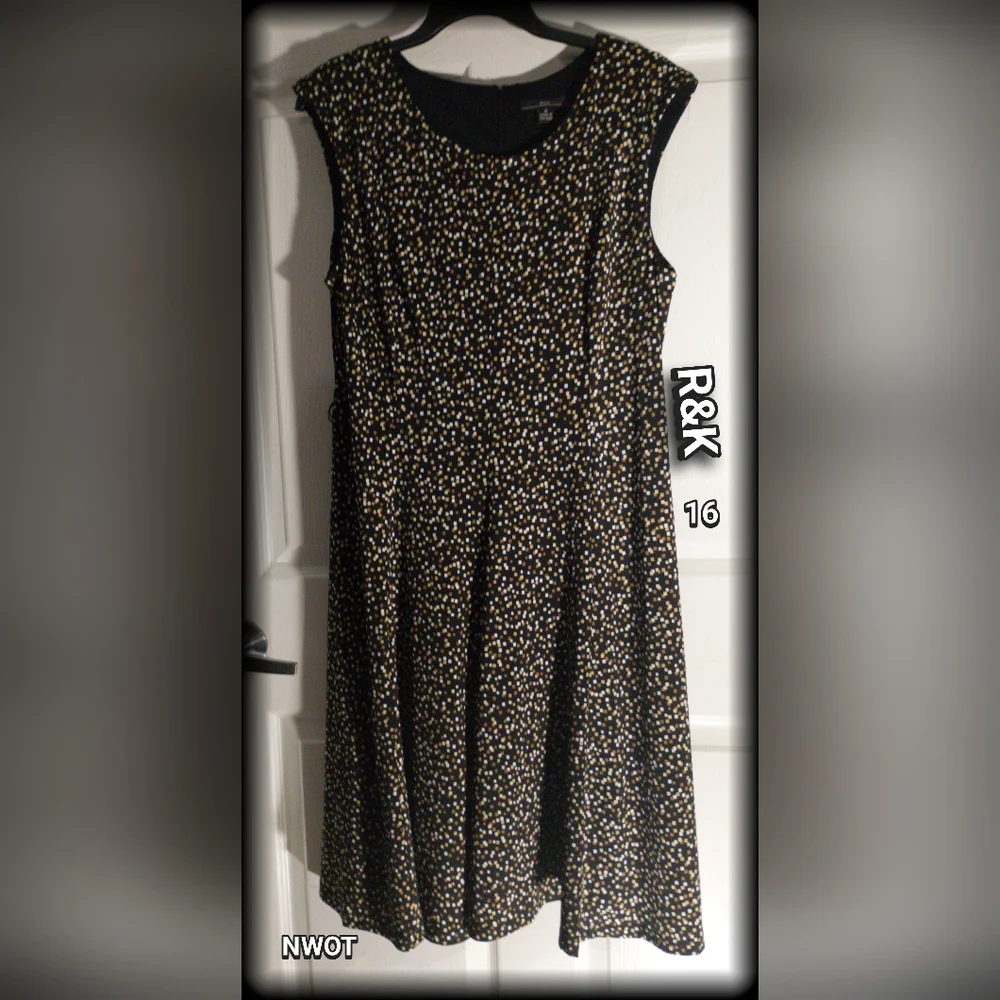 R&K Black Brown Square Pattern Dress Women's Plus Sz 16 Lined Bodice sleeveless